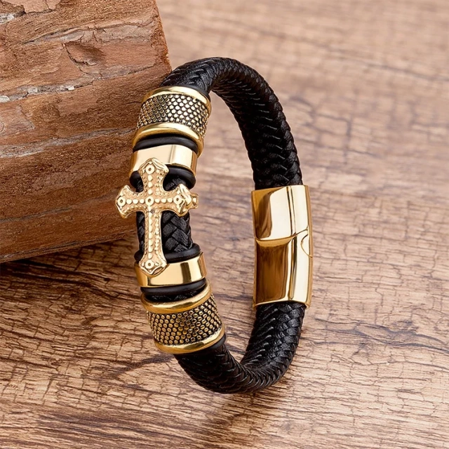 Personalised Wholesale Stainless Steel Gold Bracelet Men Leather