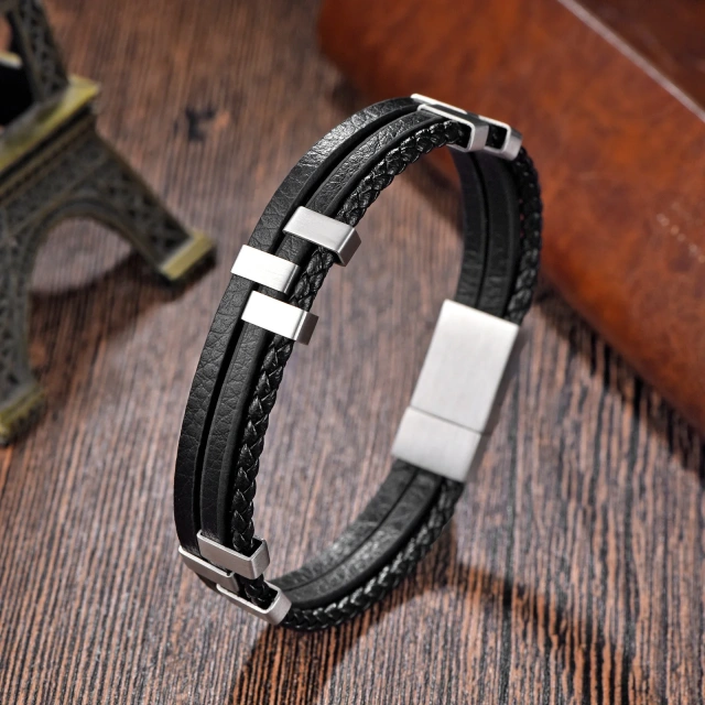Wholesale Fashionable Bangles Trendy Three-Layer Black Leather Braided Bracelet with Stainless Steel Personality Accessories