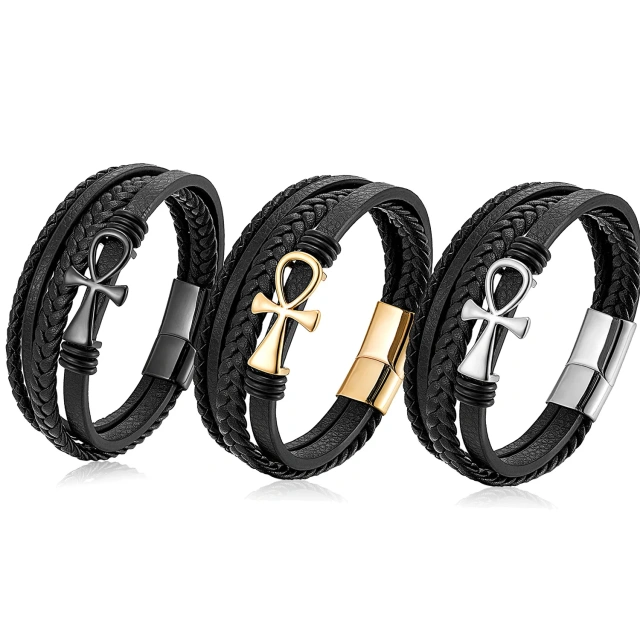 Wholesale Men's Multi-Layer Anka Cross Leather Bracelet Cross-Border Hot Woven Rope Jewelry Fashion Charm Bracelets Personality