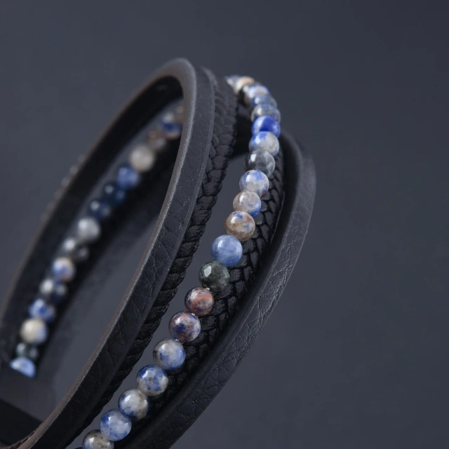 Fashion Jewelry Custom Natural Stone Black Men Leather Bracelet Stainless Steel Bracelet Multi-layer Braided Hand Rope