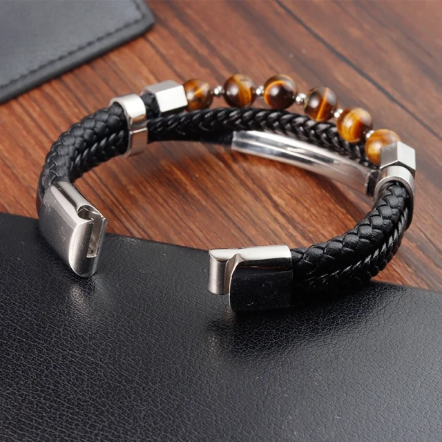 Fashion Jewelry High Quality Stainless Steel Genuine Leather Bracelet for Men Natural Stone Beads Bracelet Braided Magneti