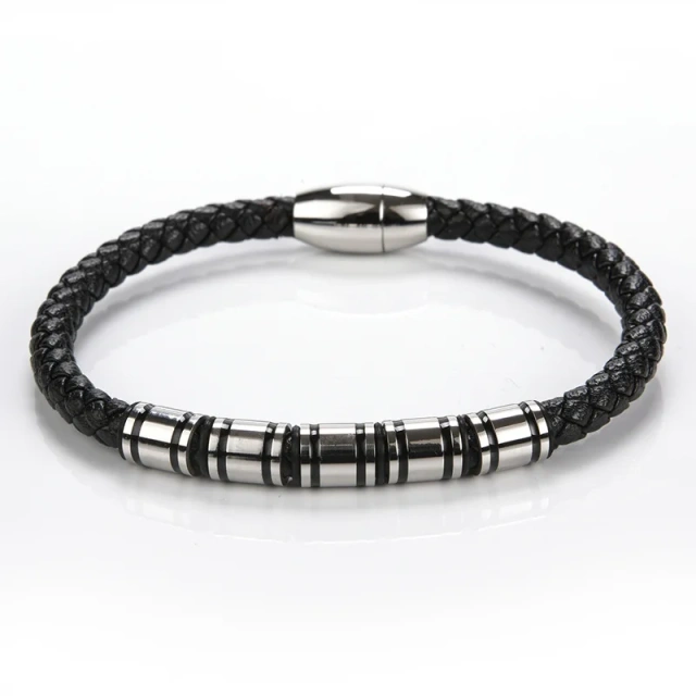 China Factory Sell Pu Leather Bracelet Men Steel Leather Bracelet with Metal