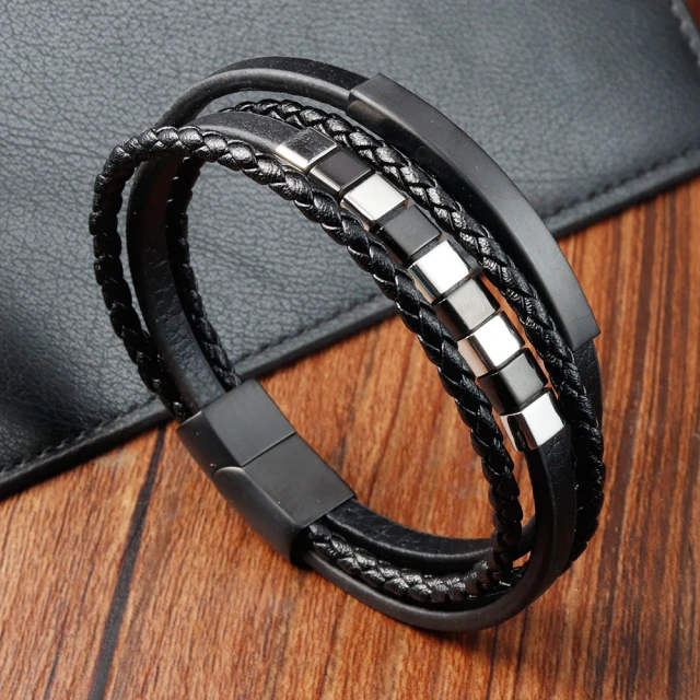 Handmade Multi Layer Braided Genuine Leather Bracelet Pvd Black Stainless Steel Magnetic Clasp Leather Bracelet Men's Jewelry