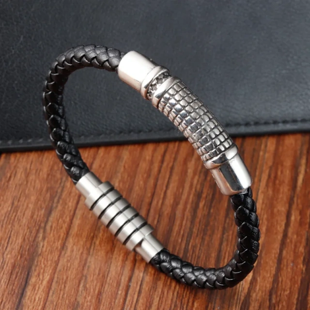 High Quality Men Luxury Fashion Jewelry Rope Leather Bracelet with Stainless Steel and Leather Bracelet