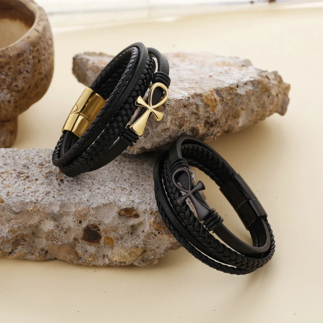 Wholesale Men's Multi-Layer Anka Cross Leather Bracelet Cross-Border Hot Woven Rope Jewelry Fashion Charm Bracelets Personality