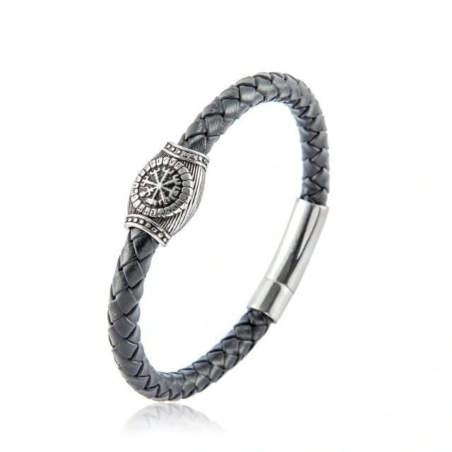 Vintage Mens Pulseras Jewelry Homme Stainless Steel Beads Black Brown Wide Genuine Leather Bracelets & Bangles