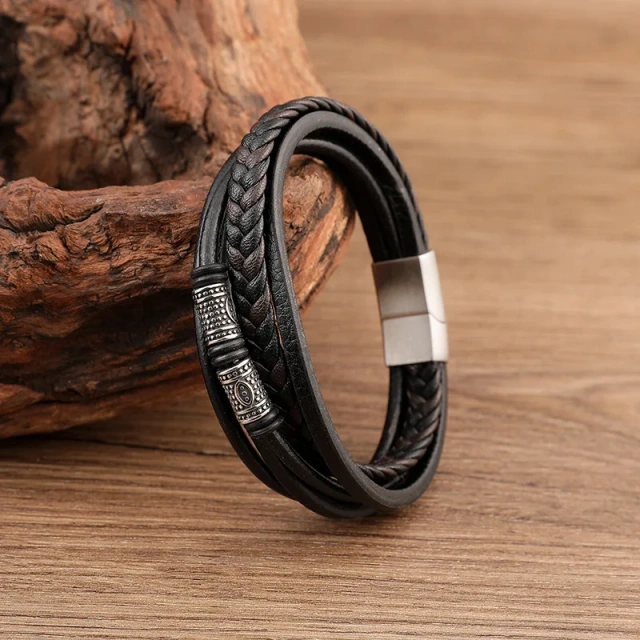 Engraved logo Multi Layer Leather Bracelet Men Vintage Pu Leather Bracelet