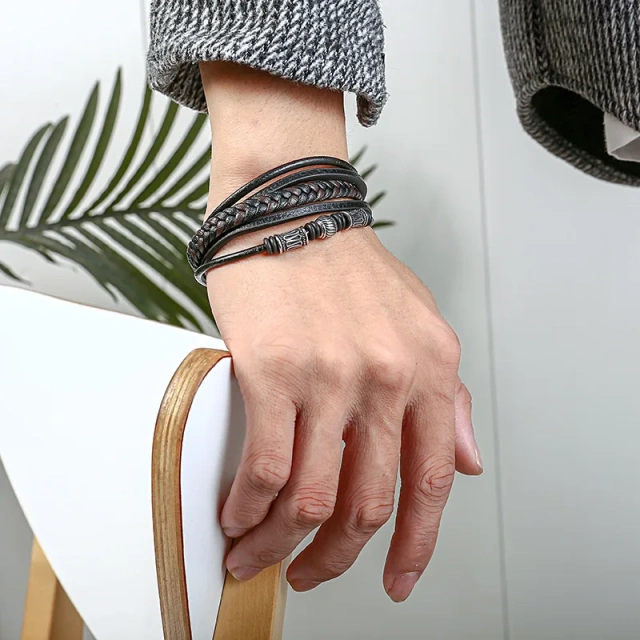 High Quality Punk Braided Wrap Leather Bracelet Handmade Beads Bracelet Men Luxury Silver Metal Tube Multilayer Leather Bracelet