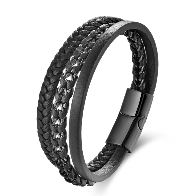 Multi-layer Genuine Leather Bracelet Wristband Blended With 316l Stainless Steel Chain & Magnetic Clasp | Durable Men's Bracelet