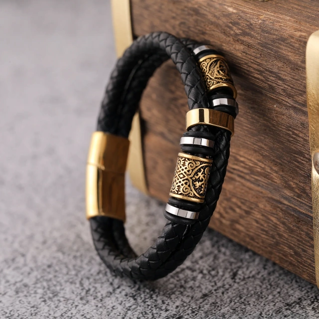 Luxury Men Bracelet Wholesale Price Bulk Leather Bracelet Gold Plated Stainless Steel Leather Bracelet