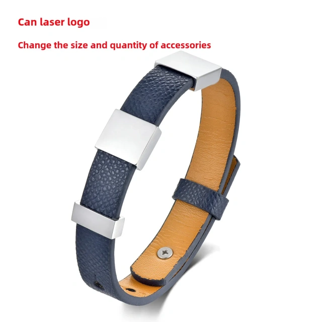Simple Smooth Stainless Steel Cowhide Bracelet for Men Unique Leather Fashion Bangle with Laser Design