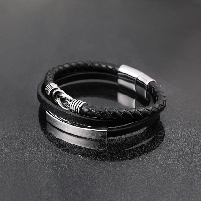 In Stock Custom Design Manufactur Bracelet Silver Fashion Jewelry Leather Bracelet Steel Bracelet Man