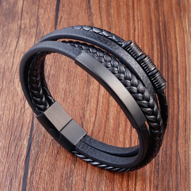 Factory Supplier Custom Stainless Steel Leather Bracelet Brown for Men