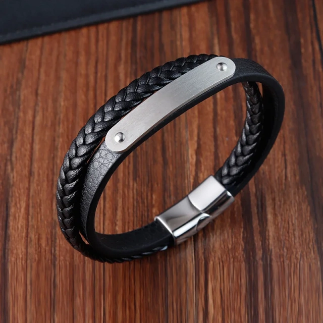 Stock Mens Leather Bracelet With Magnetic Clasp Multi-layer Braided Leather Mens Bracelet for Men