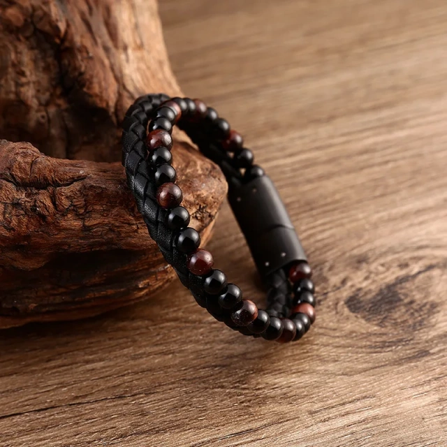 Popular Design Unisex Black Mens Leather Bracelet Bead Braided Bracelet Stainless Steel Jewelry Bracelets