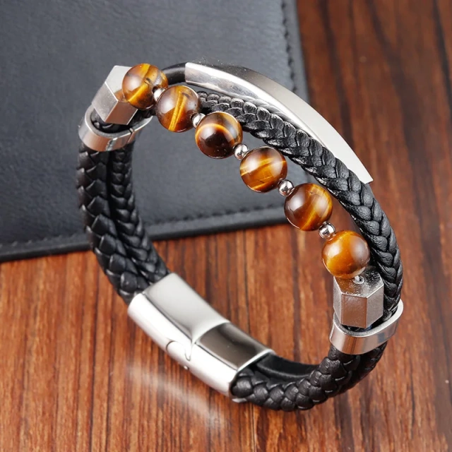 Fashion Jewelry High Quality Stainless Steel Genuine Leather Bracelet for Men Natural Stone Beads Bracelet Braided Magneti