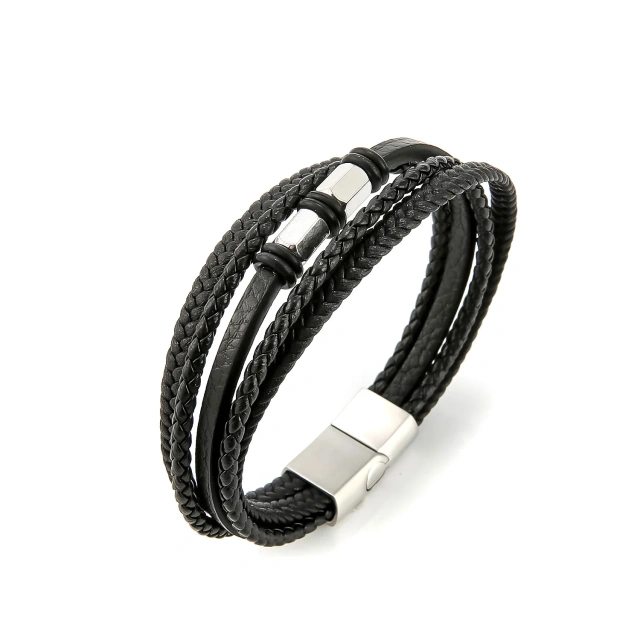 Fashion Gold Plated Silver Plated Stainless Steel Luxury Black Genuine Leather Bracelets for Men