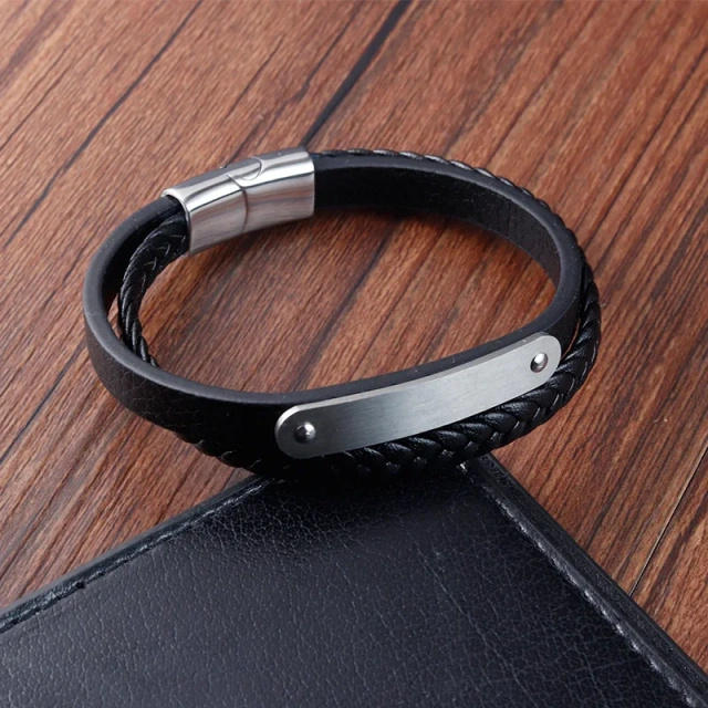 Stock Mens Leather Bracelet With Magnetic Clasp Multi-layer Braided Leather Mens Bracelet for Men