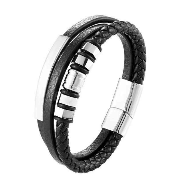 Luxury Custom Stainless Steel Jewelry Bracelets Silver Gold Plated 3 Strand Black Braided Leather Bracelet Men Women Jewelry