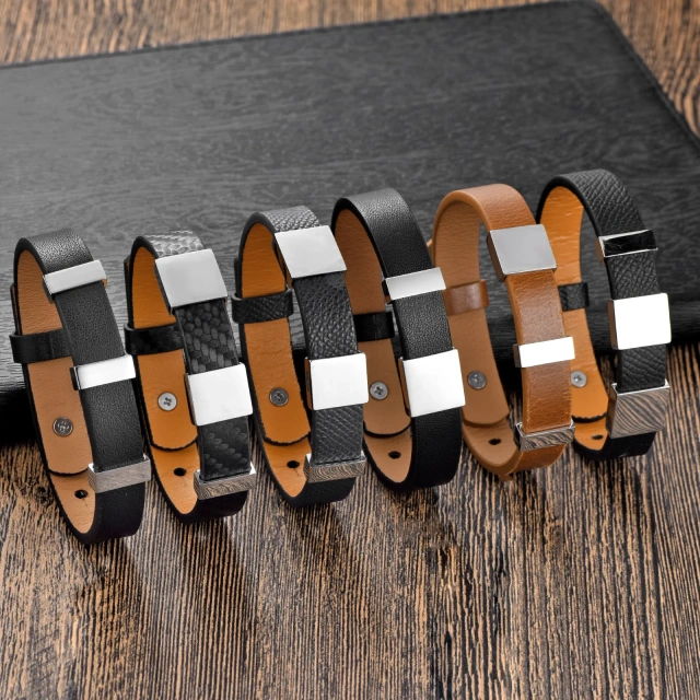 Simple Smooth Stainless Steel Cowhide Bracelet for Men Unique Leather Fashion Bangle with Laser Design