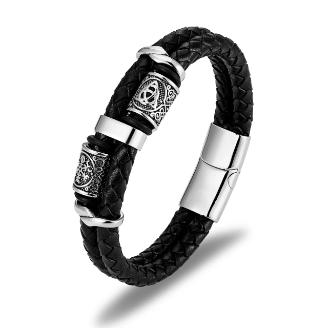 High Quality Punk Braided Wrap Leather Bracelet Handmade Beads Bracelet Men Luxury Silver Metal Tube Multilayer Leather Bracelet