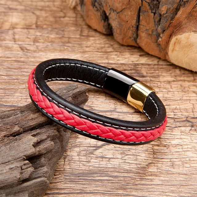 Customized Jewelry Red Black Leather Bracelet Man Bracelet Boy Mens Braided Bracelets