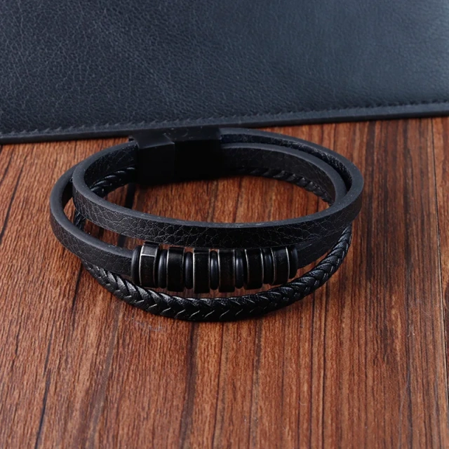 Classic Black Bracelet Wristband Magnetic Clasp Multi Layer Braid Leather Bracelet for Men Gift