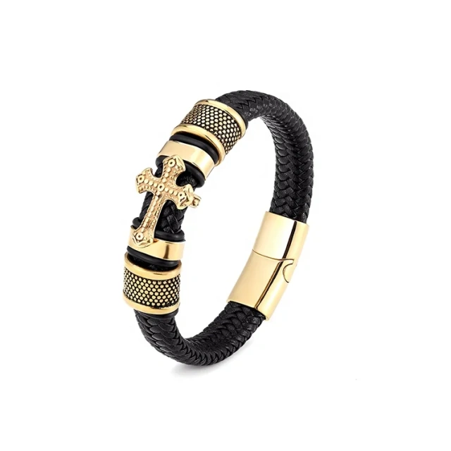 Personalised Wholesale Stainless Steel Gold Bracelet Men Leather