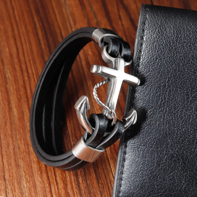 Hot Selling Men Leather Bracelet Boat Anchor Bracelet Leather for Engraving logo Men's Leather Bracelet Retro Style