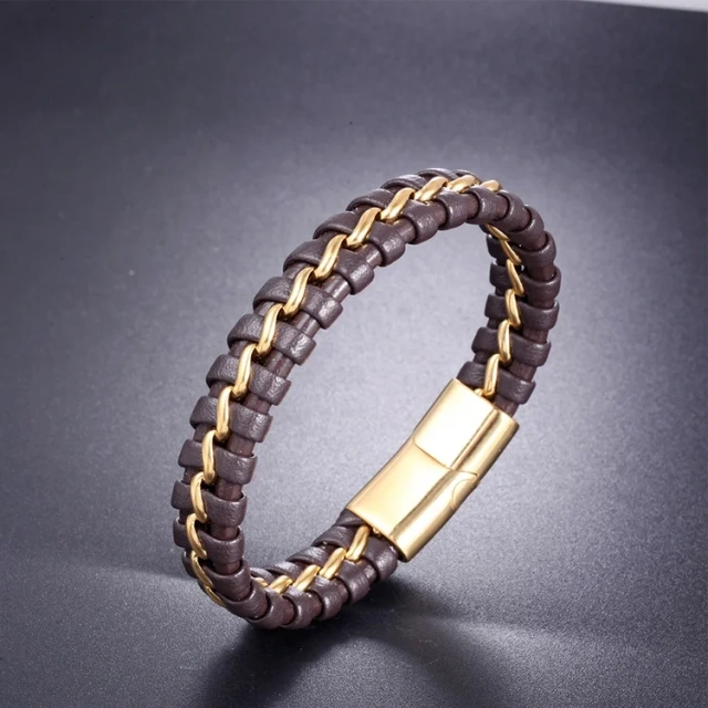 Men's Jewelry Leather and Stainless Steel Braided Bracelet