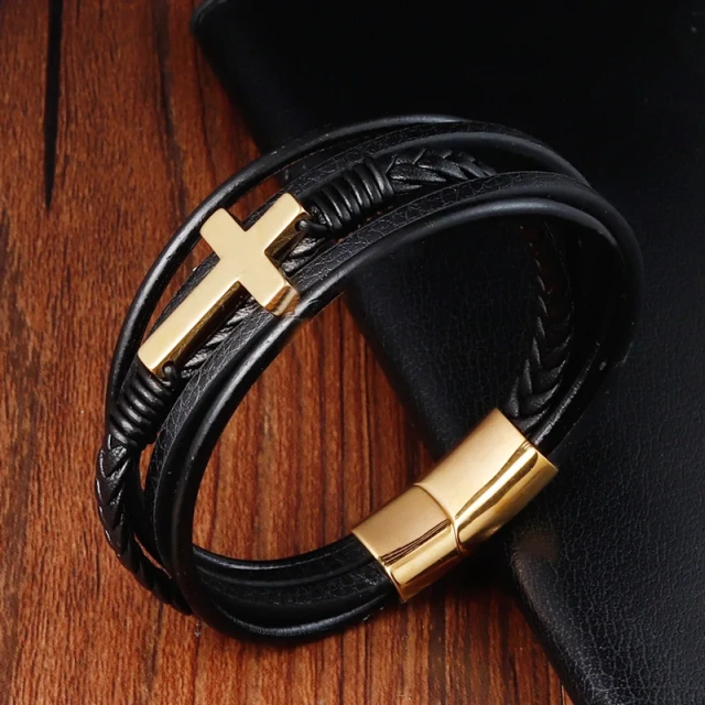Designer Jewelry Custom Braided Cross Bracelet Magnetic Clasp Men Genuine Leather Bracelet Stainless Steel Magnetic Clasp Chain