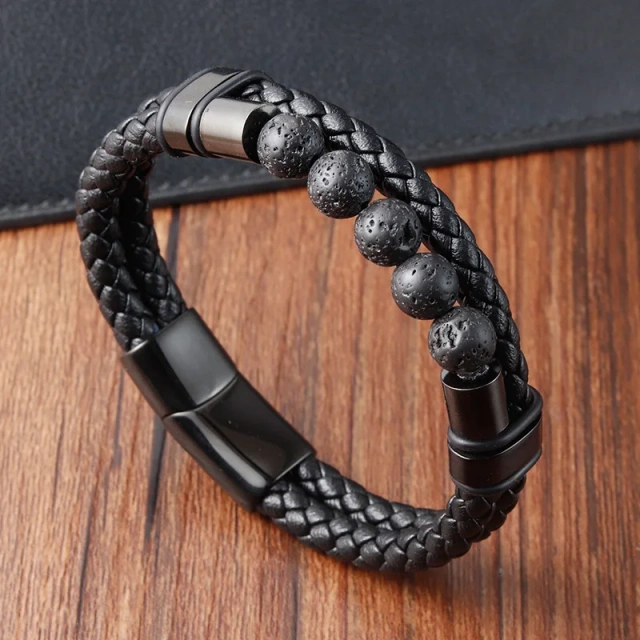Fashion Jewelry Personalized Men Bracelet Homme Volcanic Rock Black Stainless Steel Leather Bracelet for Men Magnetic Clasp C