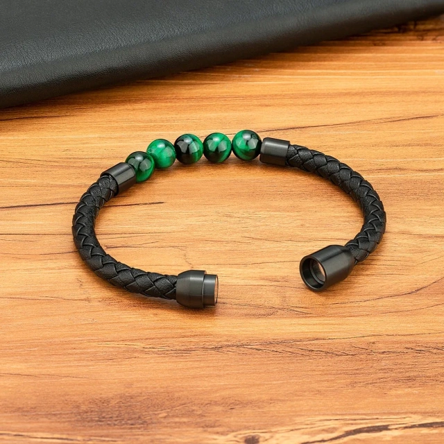 Men's Fashion Stainless Steel Leather Bracelets Black Beaded Bangle Wrap Wristband for Wedding Parties and Gifts