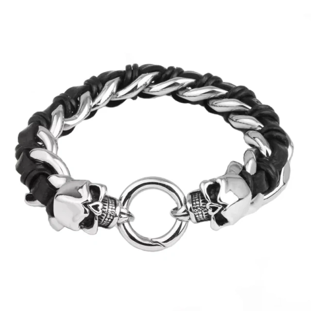 Hot Selling Design Stainless Steel Skull Silver Plated Leather Bracelet for Men
