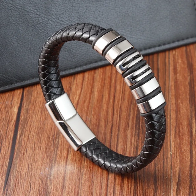 China Factory Sell Man Stainless Steel Leather Bracelet Custom logo for Man Jewelry