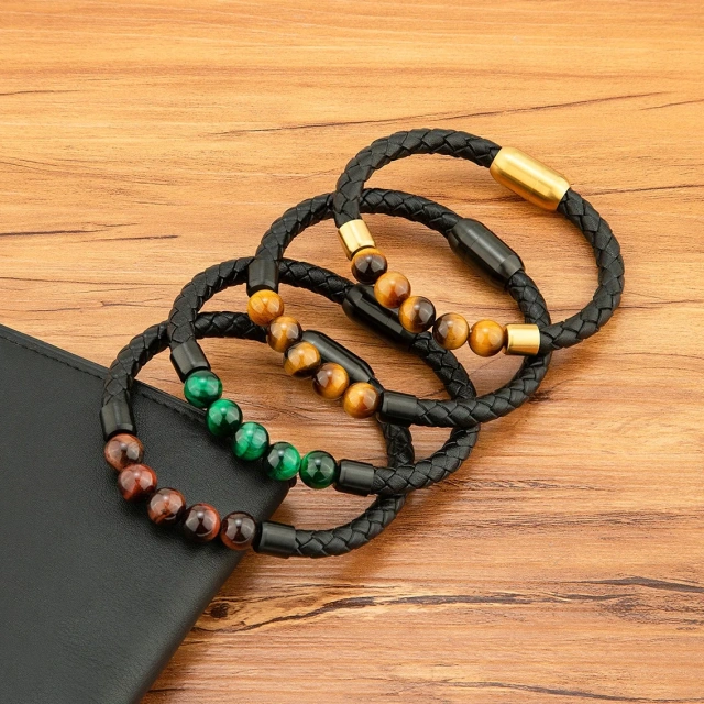 Men's Fashion Stainless Steel Leather Bracelets Black Beaded Bangle Wrap Wristband for Wedding Parties and Gifts