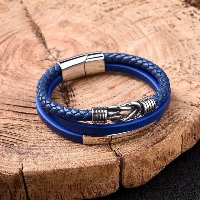 Luxury Silver Stainless Steel Bracelet Men Women Jewelry Blue Leather Multilayer Woven Leather Bracelet Braided