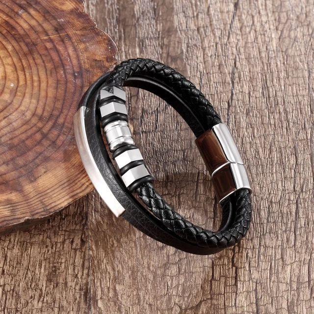 Luxury Custom Stainless Steel Jewelry Bracelets Silver Gold Plated 3 Strand Black Braided Leather Bracelet Men Women Jewelry