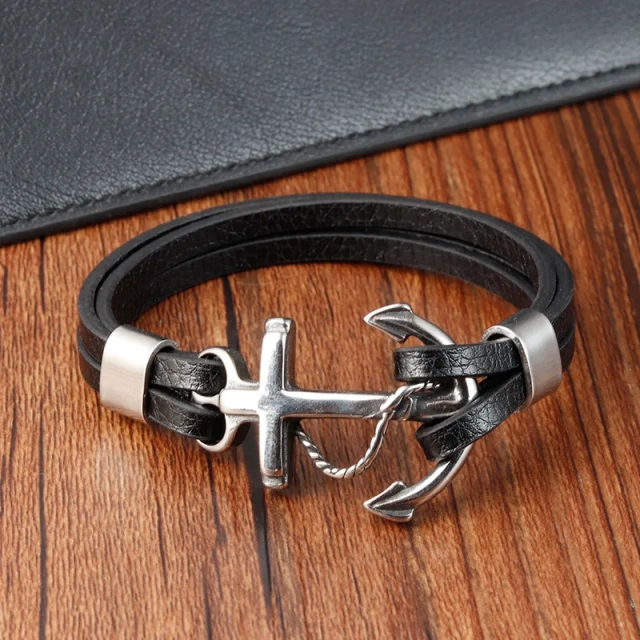 Hot Selling Men Leather Bracelet Boat Anchor Bracelet Leather for Engraving logo Men's Leather Bracelet Retro Style