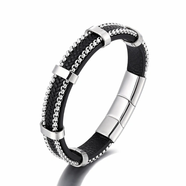 High Quality Fashion Jewelry Custom 21cm Black Stainless Steel Bracelet for Men Leather Bracelet