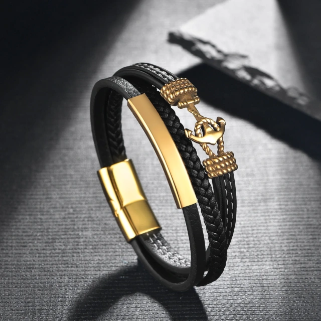 Fast Shipping Custom Steel Magnet Clasp Leather Cord Mens Bracelet Anchor Leather Bracelet Fashion Jewelry Bracelet