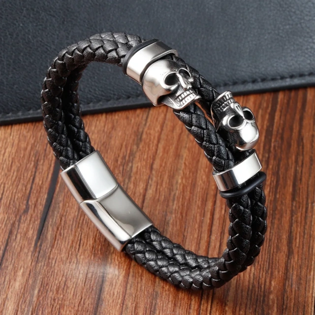 High Quality Custom Stainless Steel Clasp Black Braided Cord Handmade Rope Leather Bracelet for Men