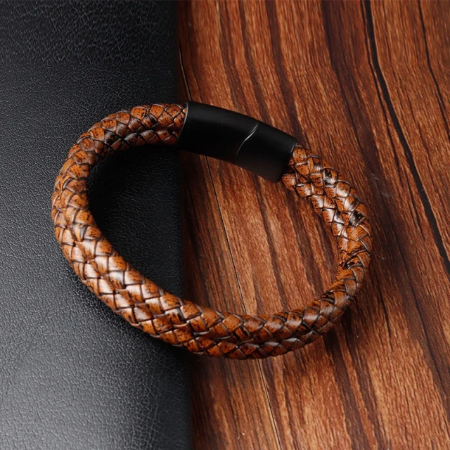 Personalized Leather Bracelet Black Magnet Bracelet Brown Bracelets Braided Bangles Men