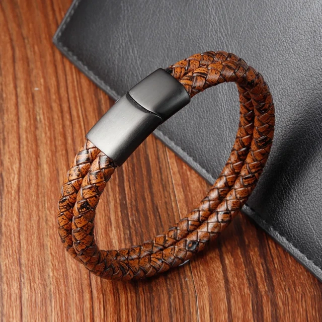 Personalized Leather Bracelet Black Magnet Bracelet Brown Bracelets Braided Bangles Men
