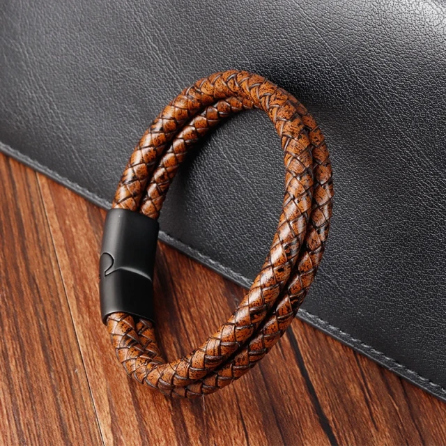 Personalized Leather Bracelet Black Magnet Bracelet Brown Bracelets Braided Bangles Men