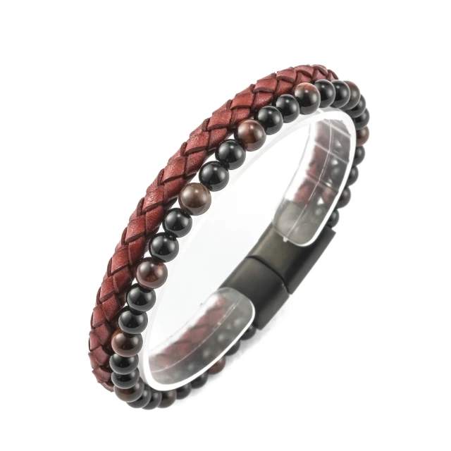 Men's Fashion Woven Leather Stainless Steel Bracelet with Natural Stone Beads and Pearl New Style Rope Design