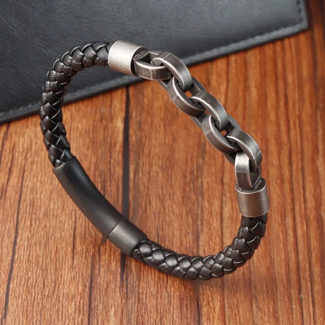 Titanium Steel Men Leather Bracelet 316L Stainless Steel Braided Black Mens Leather Bracelet Engrave logo Accepted