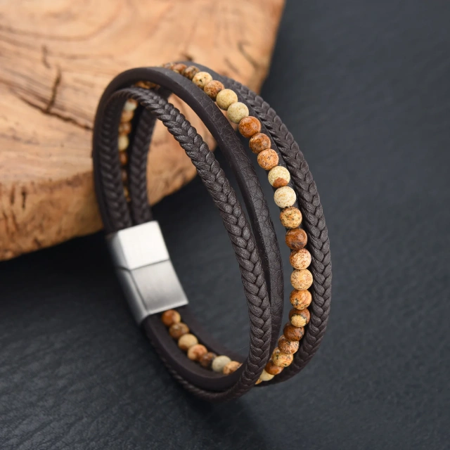 Fashion Jewelry Custom Natural Stone Silver Black Men Leather Bracelet Stainless Steel Men Bracelet