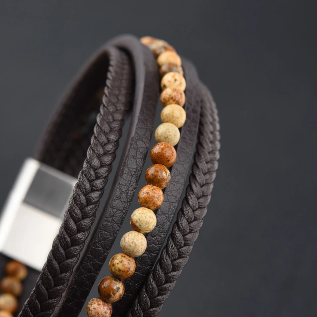 Fashion Jewelry Custom Natural Stone Silver Black Men Leather Bracelet Stainless Steel Men Bracelet