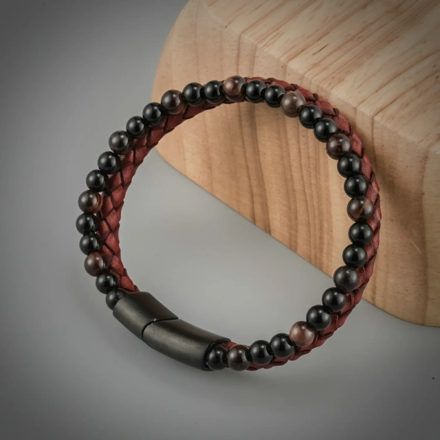 Men's Fashion Woven Leather Stainless Steel Bracelet with Natural Stone Beads and Pearl New Style Rope Design